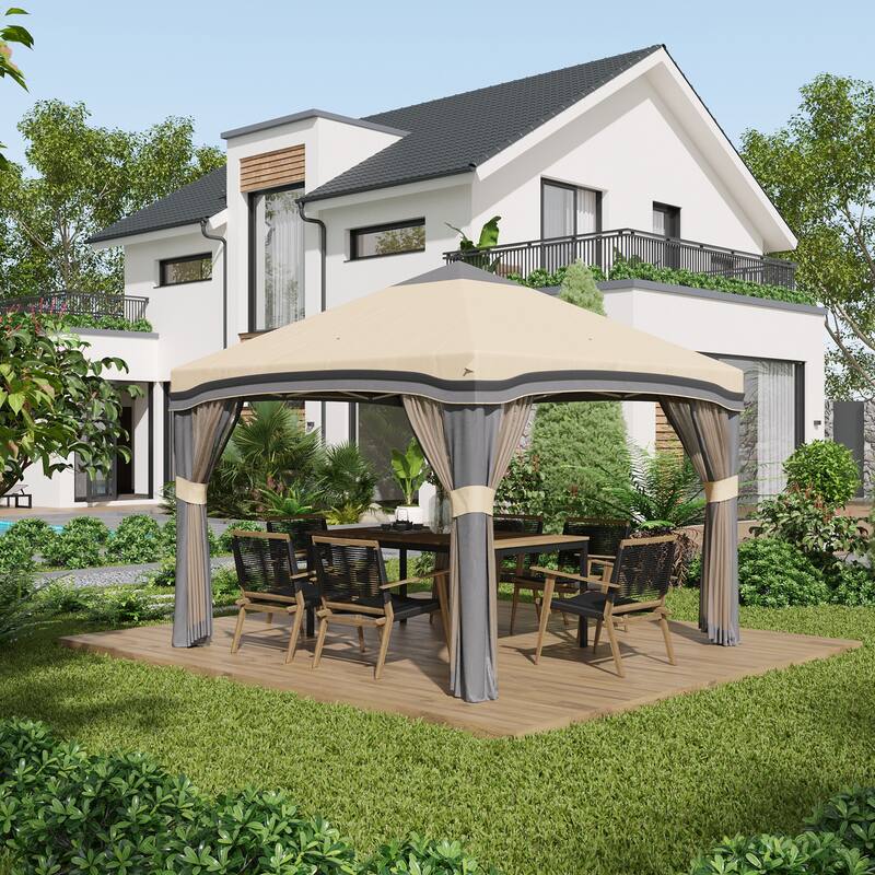 Outsunny 10' x 10' Pop Up Canopy with Netting, Foldable Tents for Parties, Height Adjustable - Beige