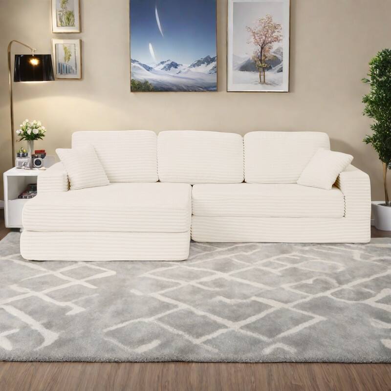 112.6" L-Shaped Modular Sectional Left sofa seat with Queen Sleeper Function, Corduroy Upholstery and No Assembly Required - Beige