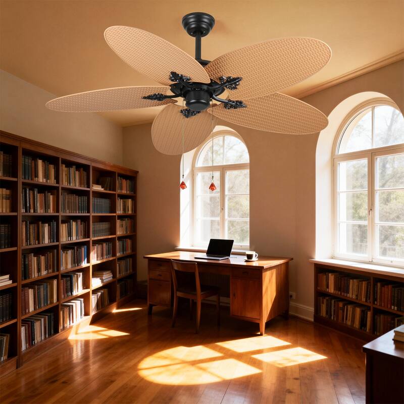 52"Tropical Ceiling Fan with 5 Palm Leaf Blades, Indoor/Outdoor No Light Fan, Pull Chain Control, Dual Mounting Options