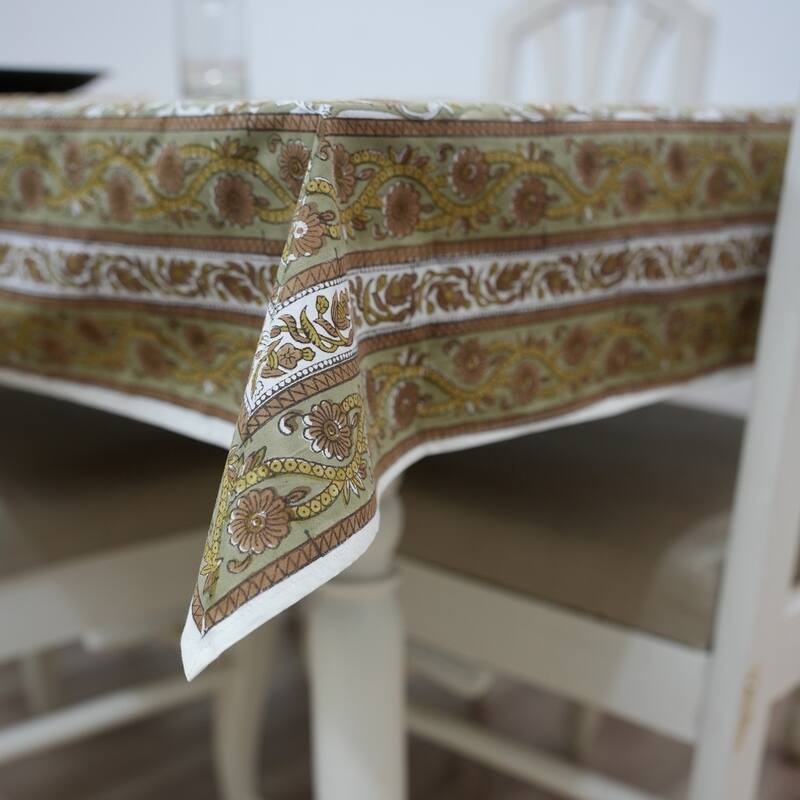 Fabdivine Handmade Block Print Cotton Brown Table Cover or Cloth Dining, Farmhouse & Kitchen Décor