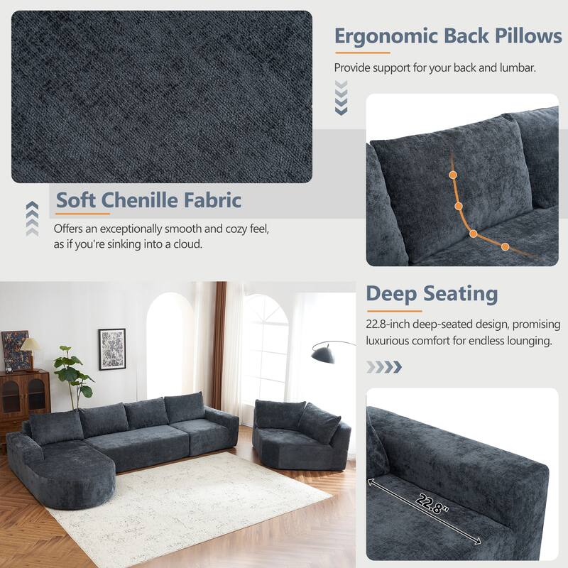 Chenille U-shaped Sofa, Cloud Sectional Sofa Set Upholstered Deep Seat Couches with 6 Pillow Recliner Sofa for Living Room