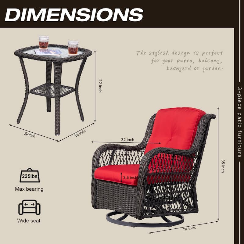3-Piece Outdoor Brown Wicker Swivel Rocking Chairs Set