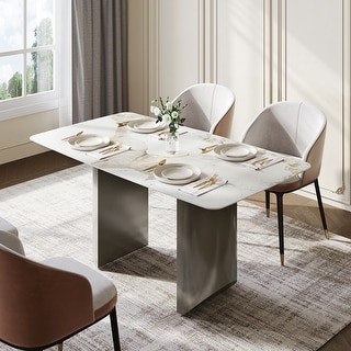 Moasis 63 inch Dining Table Faux Marble Tabletop and Stainless Steel ...