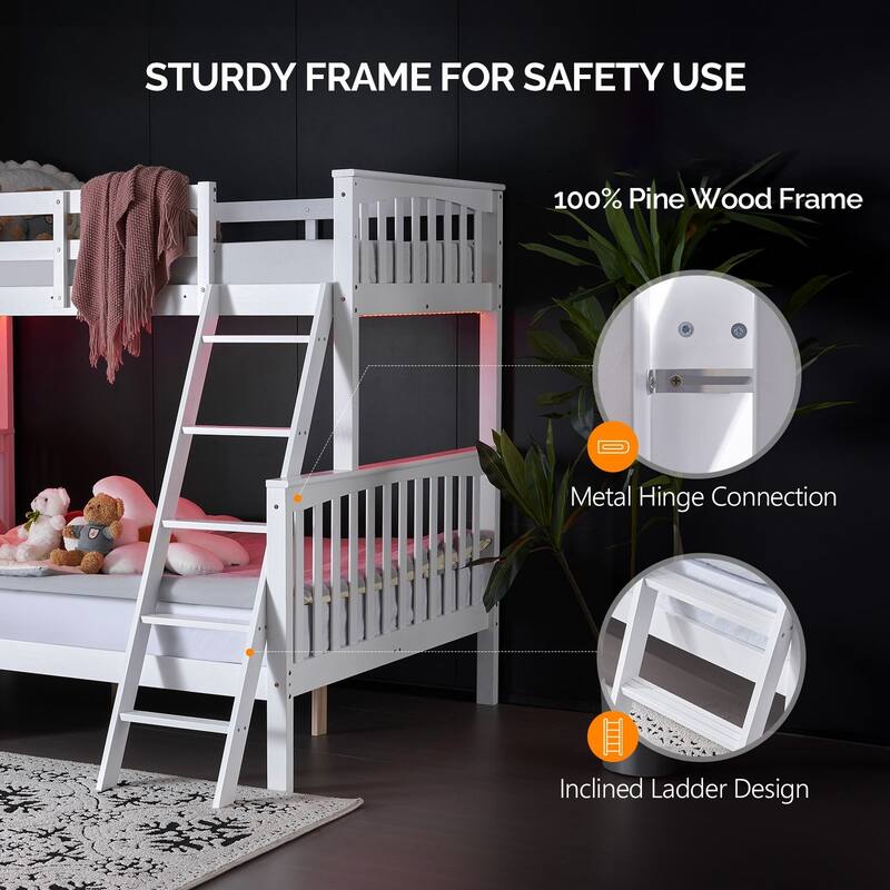 White Twin Over Full Size Bunk Bed with Guardrail, LED Light, Charging Station