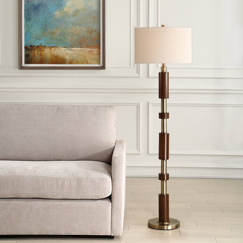 Stacked Wooden Floor Lamp with Drum Shade - 62.5" - Brown and Brass Plated