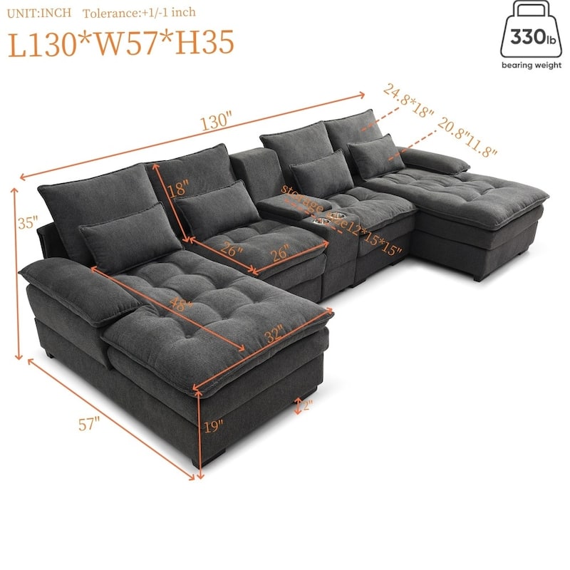 130" Modern Upholstered Sectional Sofa with Console and Chaise, Pillows