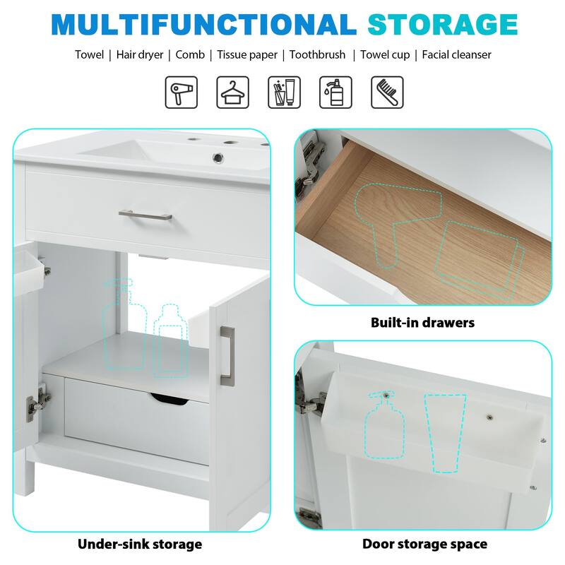 Compact 30-Inch Bathroom Vanity with Ceramic Sink, Premium Wood Frame & Soft-Close Doors
