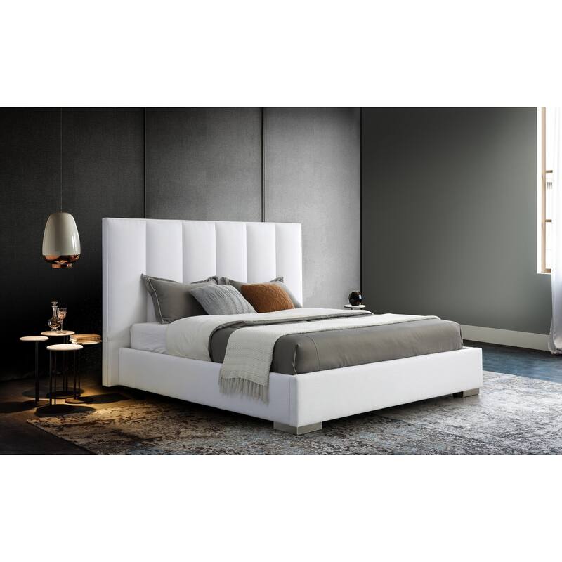 Queen Velvet Bed - Antique Ambiance, White Linen Blend Fabric, Stainless Steel Legs, Modern Design