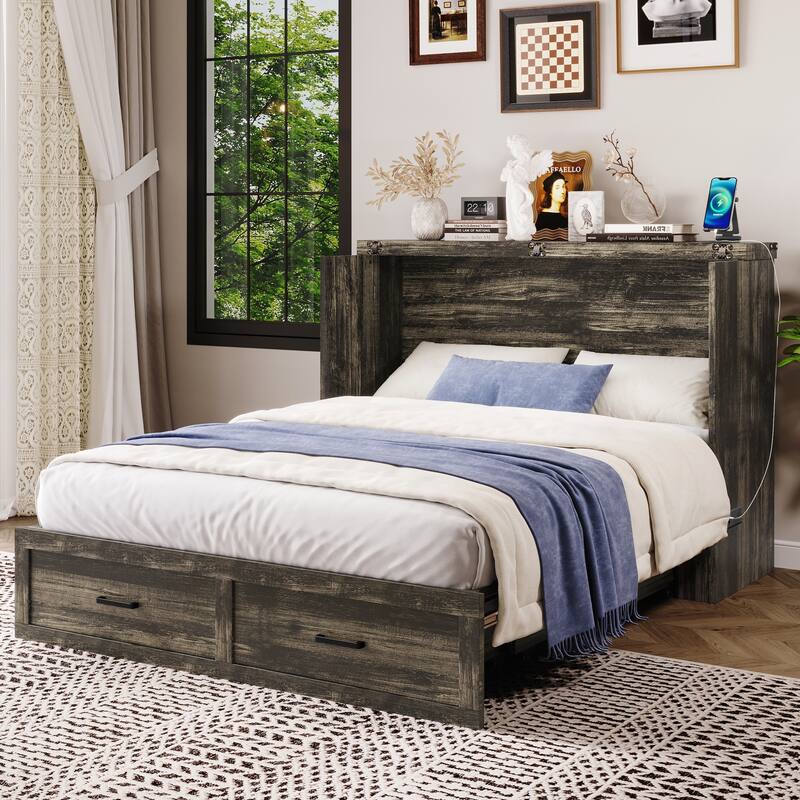 Murphy Bed Cabinet with Charging Station for Guest Room and Small Bedroom