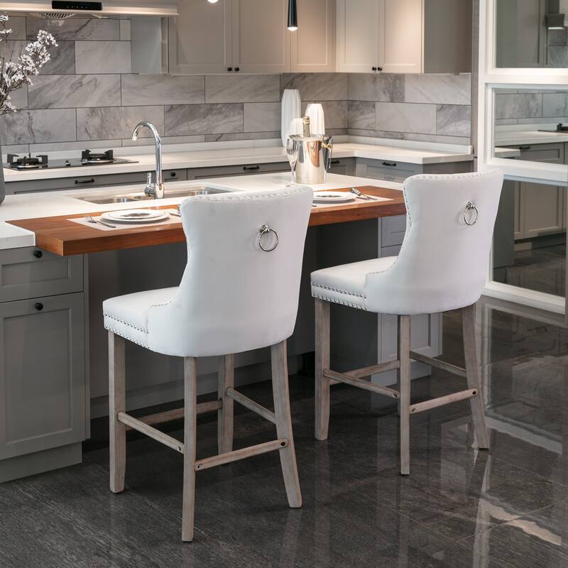 Counter Height Bar Chairs Set of 2, Upholstered Kitchen Island Chairs with Wooden Legs, Dining Room Chairs with Wingback