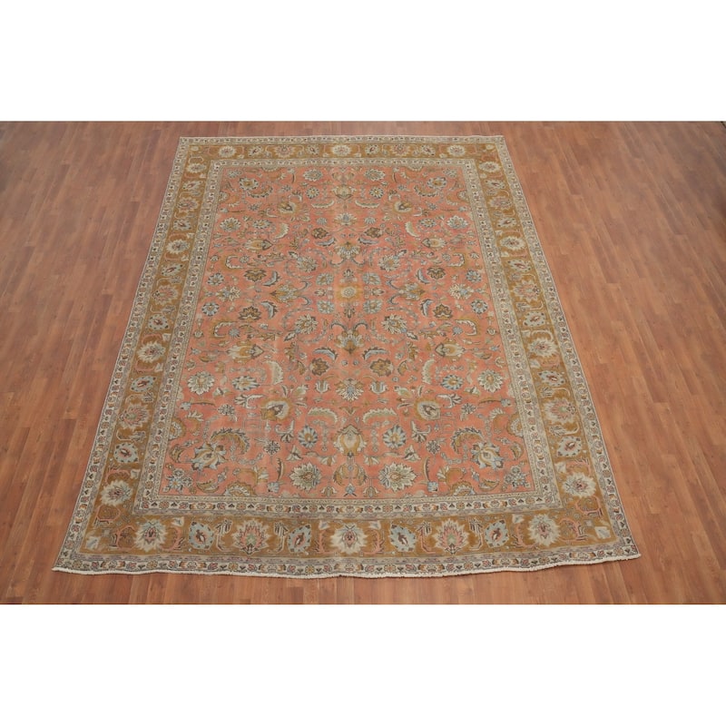 Hand Knotted Oriental 100% Wool Carpet Traditional All-Over Pink Tabriz Area Rug - 12' 6'' X 9' 7''