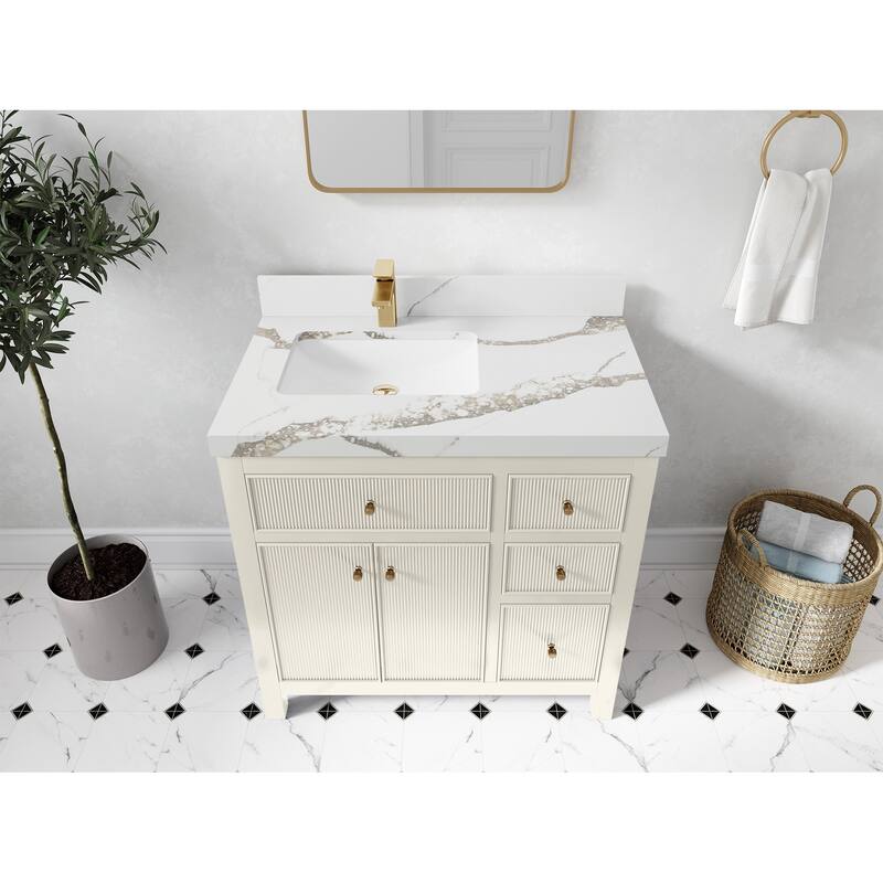 Willow Collections 36 in W x 22 in D Sonoma Left Offset Free Standing Reeded Bathroom Vanity with Countertop - 2”Calacatta Gold - Ivory