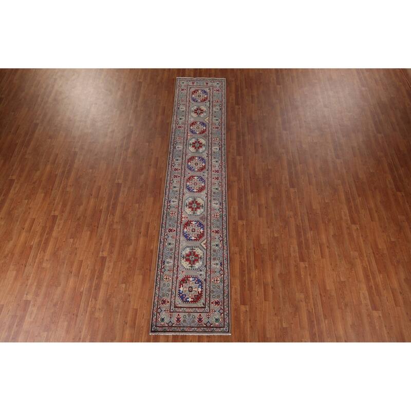 Geometric Kazak Runner Rug Handmade Hallway Wool Carpet - 2'7" x 12'10"