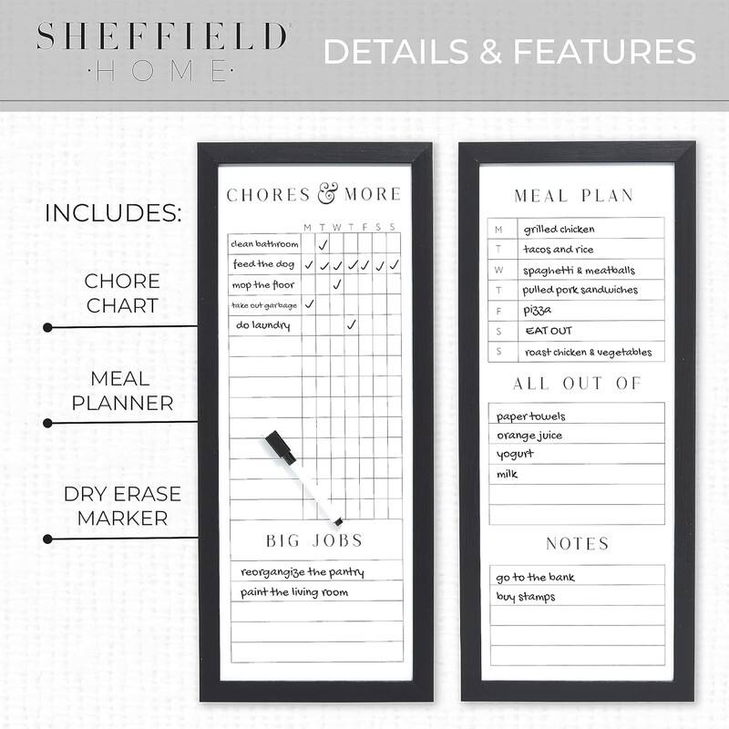 Sheffield Home Set of Two Family Planner Dry Erase Boards Featuring, Shopping List, Weekly Meal Planner and Notes, 9x21 Inch