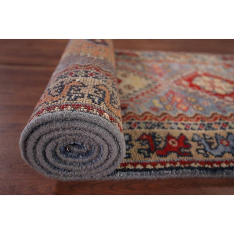 Light Blue Kazak Oriental Runner Rug Handmade Wool Carpet - 2'7"x 8'0"