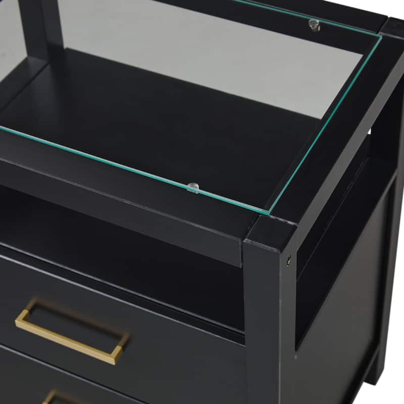 Walker Edison Solid Wood Nightstand with Tempered Glass Top