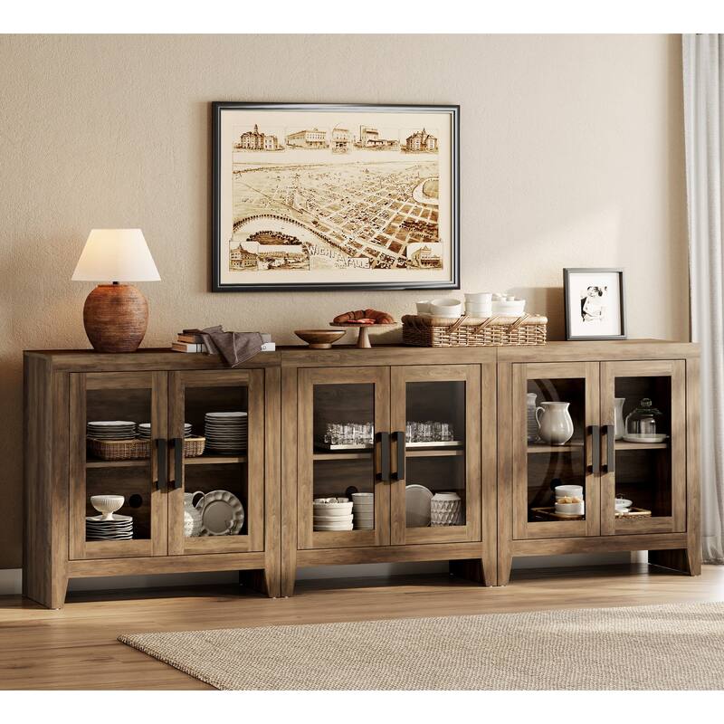 WAMPAT Modern Farmhouse Modular Buffet Cabinet, Glass Door Sideboard with Adjustable Shelves - Brown - 95 inches in width