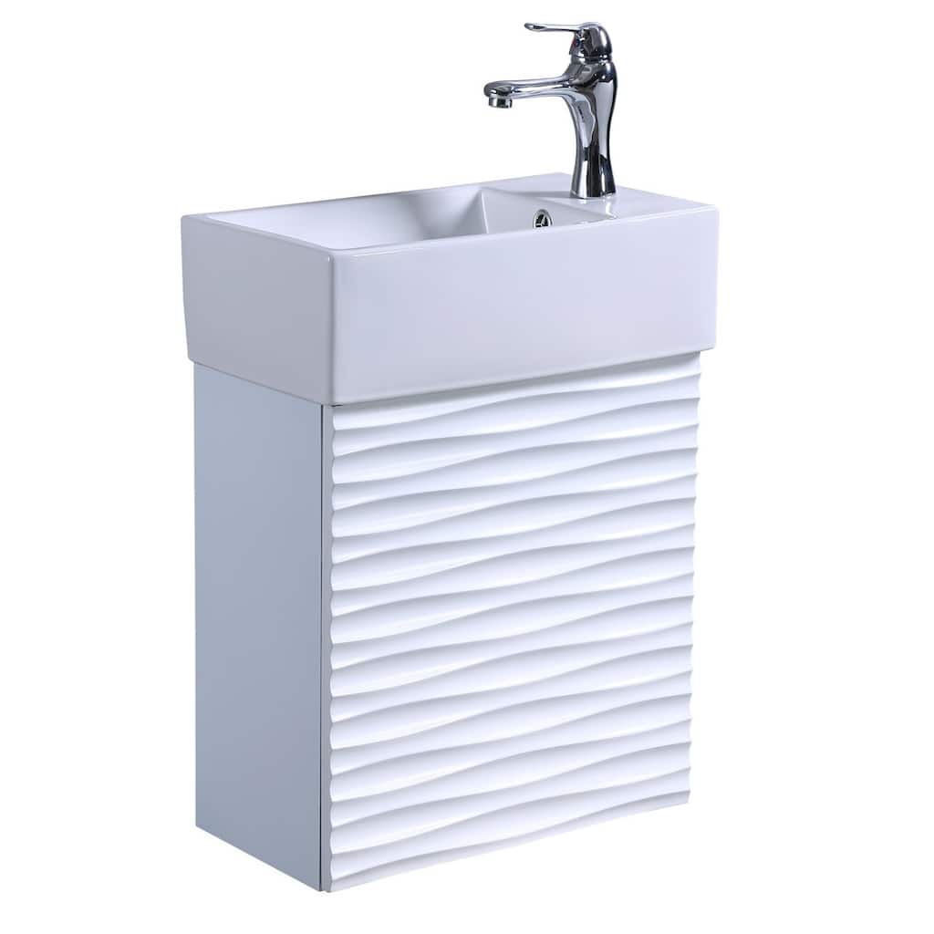17.75" Ripple White Wall Mount Bathroom Vanity with Sink, Chrome Faucet, Pop-Up Drain and Overflow