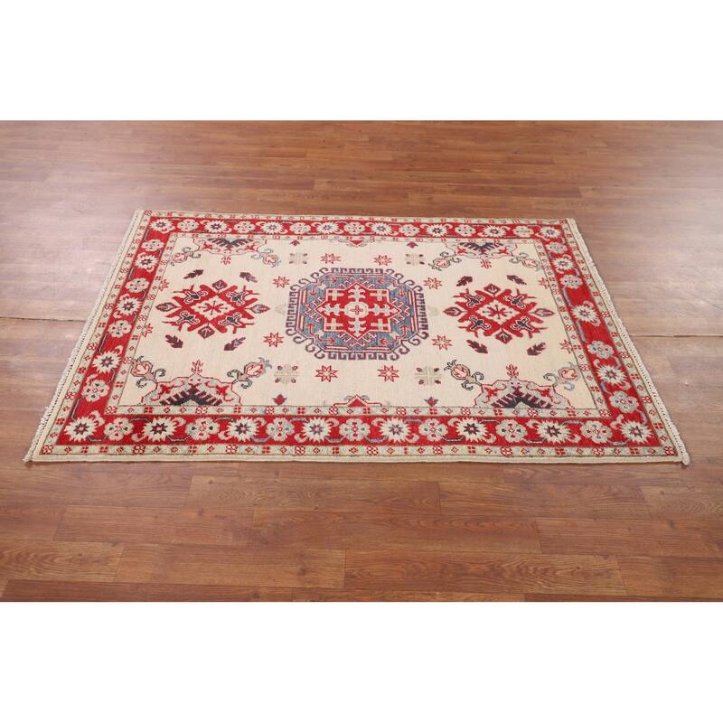 Geometric Beige Kazak Foyer Rug Hand-Knotted Wool Carpet - 3'5" x 5'0"