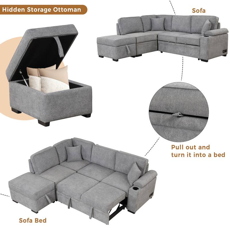 Sleeper Sofa Bed with Storage Ottoman, 2 in 1 Convertible Sectional Sofa Couch, Linen 4-Seater Sofa with Cup Holder