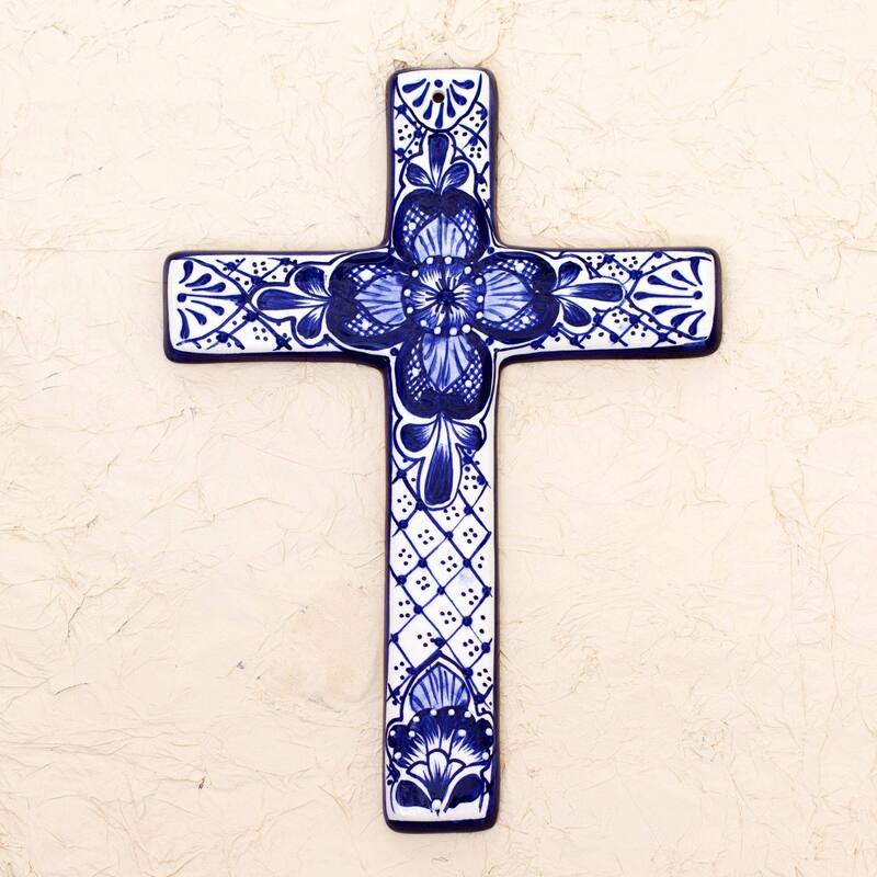 NOVICA Talavera Flower, Ceramic wall cross