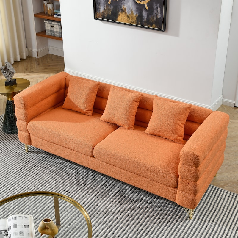 Roomfitters Luxury 3-Seater Teddy Fabric Sofa with Gold Metal Legs, Deep Seating Couch with Pillows