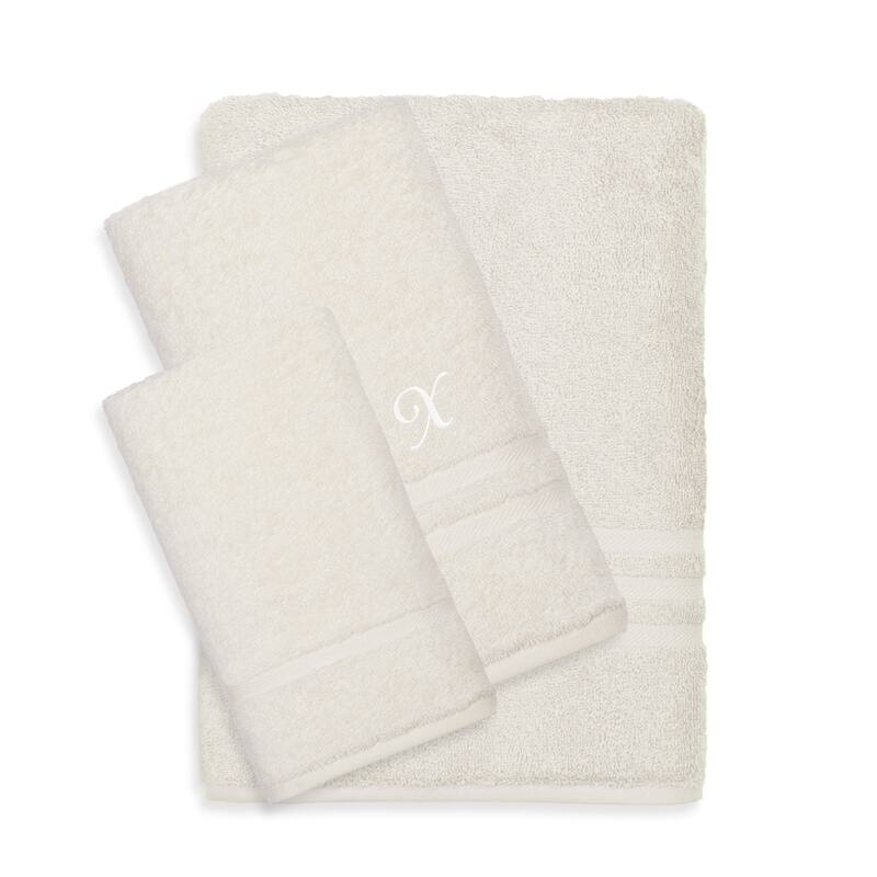 Hotel and Spa Omni Turkish Cotton Terry 3-piece Cream Bath Towel Set with White Script Monogrammed Initial - X