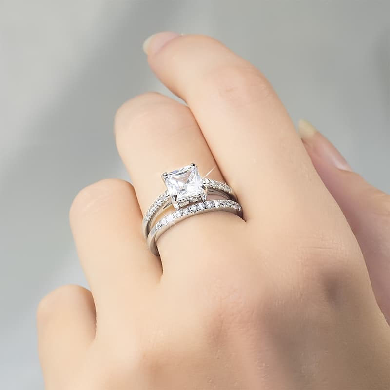 Sterling Silver CZ Princess Cut Bridal Engagement Ring Set 1.75 CTW