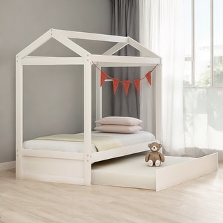 House Kids Bed with Trundle, Customizable Eaves Design, Decorate & Save Space, White