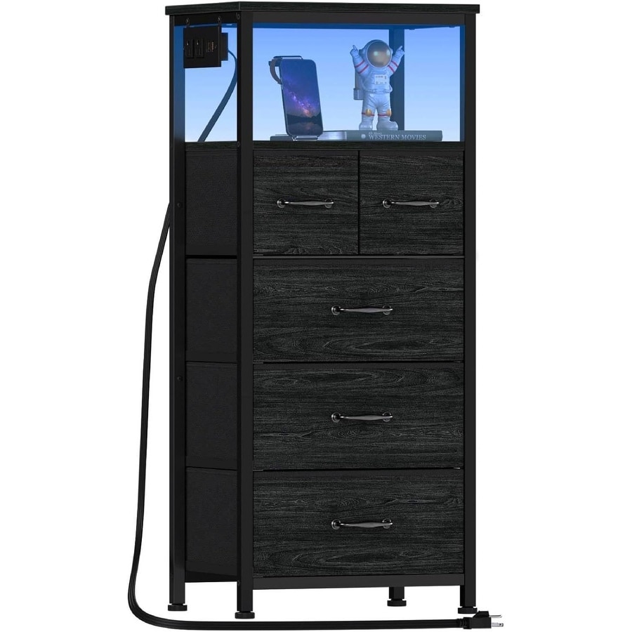 5-Drawer Tall Dresser with LED Lights, Charging Station, Fabric Bins, and Wood Shelf for Bedroom or Living Room