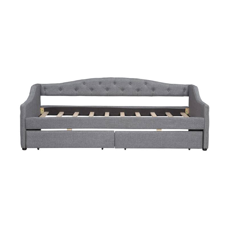 Modern Linen Upholstered Daybed with LED Light Strip, Button-Tufted Backrest Sofa Bed Optional Trundle Bed or Storage Drawers