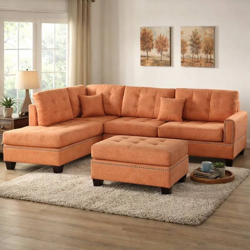 3-Piece Orange Fabric 4-Seater L-Shaped Sectional Sofa with Wood Legs