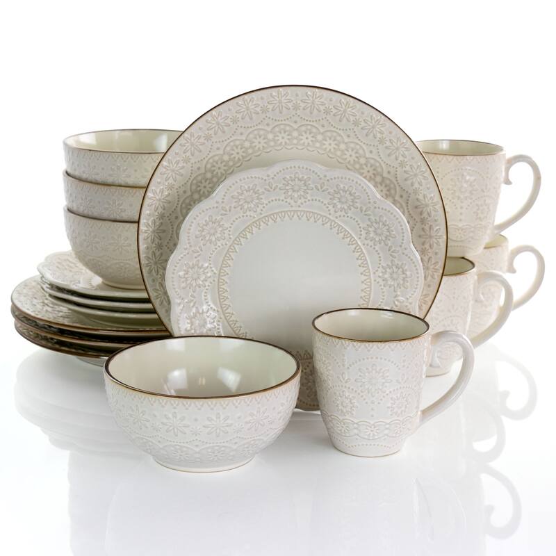 Doily Pattern Stoneware Dinnerware 16 Piece Set in Egg Shell