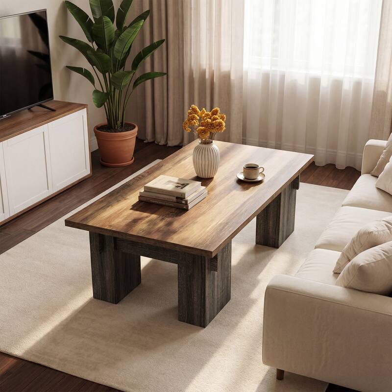 Rectangle Coffee Table, 55'' Farmhouse Center Cocktail Table with Thick Legs