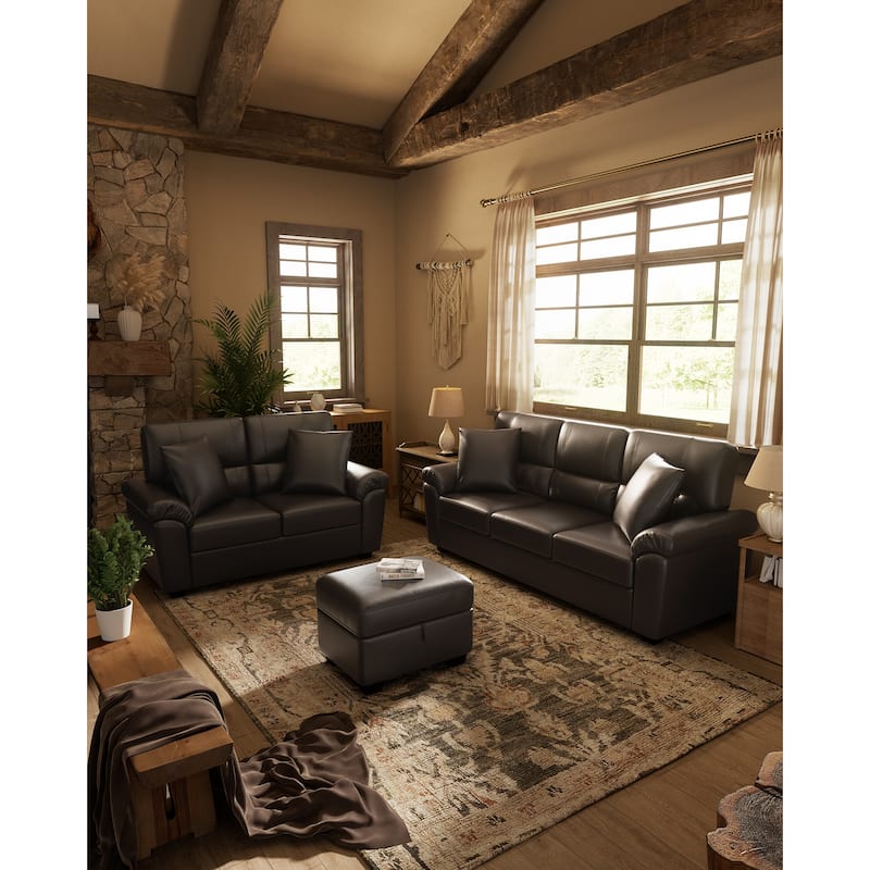 Upholstered Living Room Set, 3 Pieces - Faux Leather Loveseat, Sofa with Ottoman