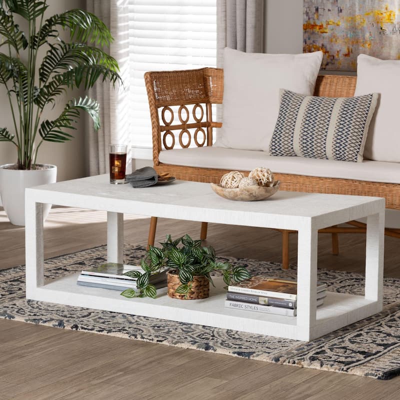 Oaklynn Natural Grasscloth Coffee Table - Two-Tier Cocktail Table with Open Frame, Modern Coastal Centerpiece, White