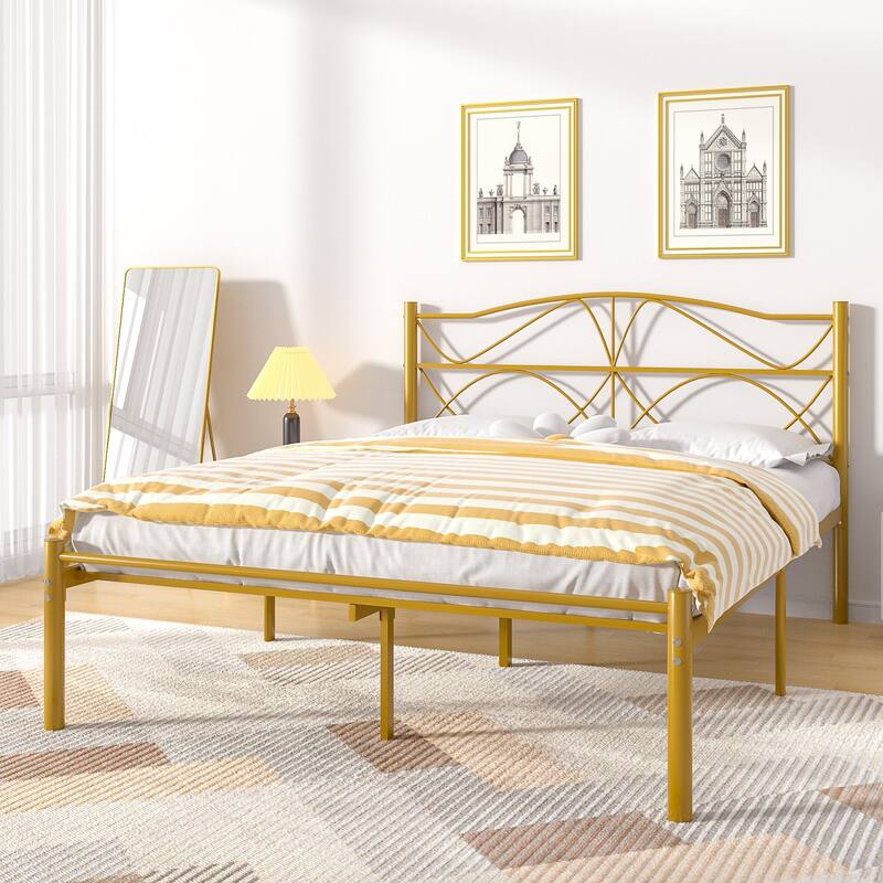 VECELO Metal Platform Bed Frame with Curved Headboard and Under-Bed Storage-No Box Spring Needed, Twin/Full/Queen Size
