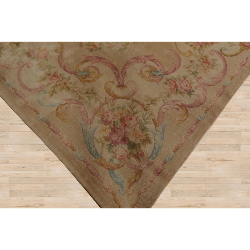 12x18 Hand Knotted Beige Silk Traditional Plush Pile Aubusson Savonnerie Rug - 12' x 18'