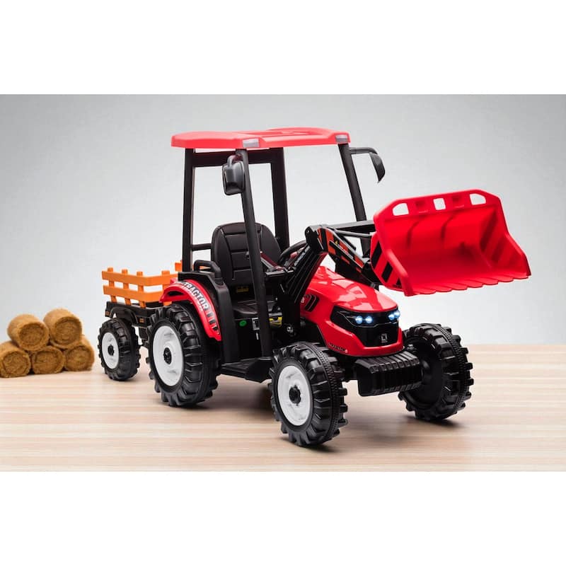 24V Kids Ride On Tractor with Remote Control, Electric Pedal Car with Trailer, Working Loader & Backhoe Digger - Red