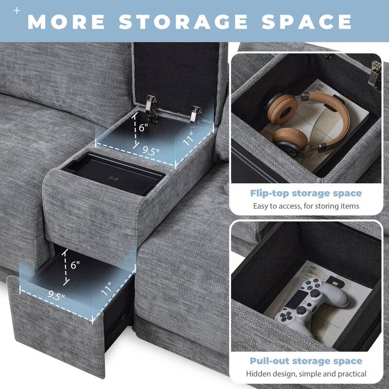 Oversized Modular Sectional Sofa, Chenille 4 Seat Sofa with Storage Console & Movable Ottoman, Comfy Sofa with 4 Pillows