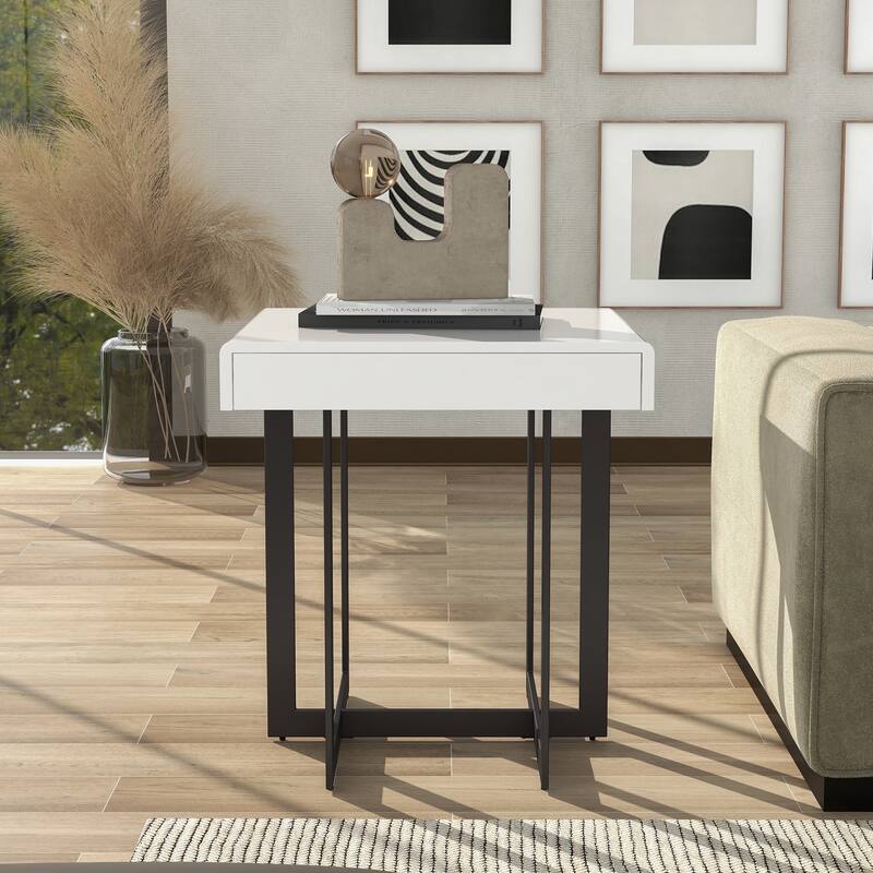 DH BASIC Modern White High Gloss Steel Hidden Drawer End Table by Denhour