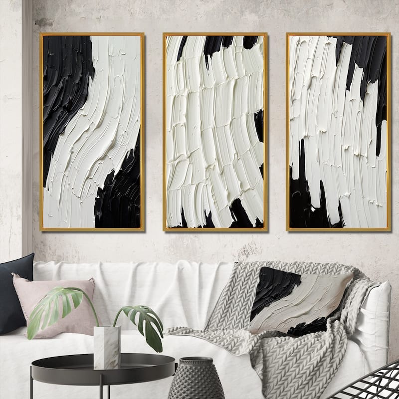 Designart "Momentary Spirit Black And White Abstract II" Abstract Painting Frame Gallery Wall Set Of 3 For Home Decor - 50 in. wide x 32 in. high - 3 Panels - Gold