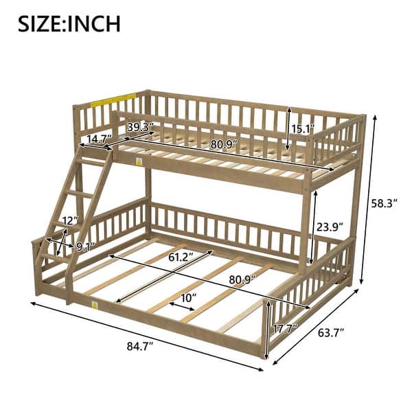 dimension image slide 1 of 2, Bunk Bed Twin XL Over Queen with Ladder and Slats Support, Bed Frame with Safety Guardrails