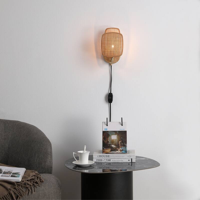 VidaLite Amud - Plug-In Swag Wall Sconce Lamp, 1-Light with Bamboo Wicker Panels wood Finish, Beige