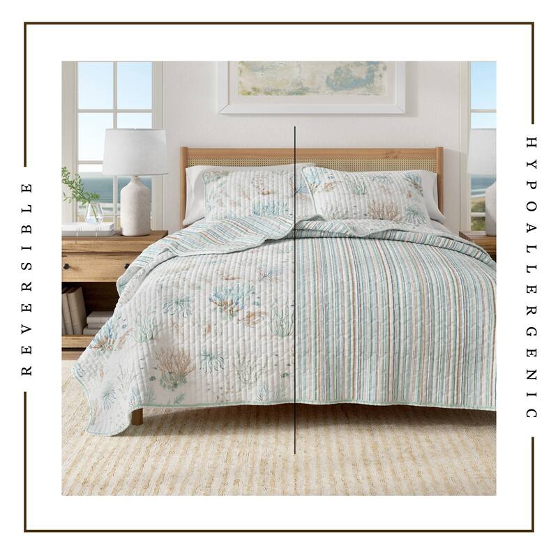 Linery & Co. Cotton Stitched Reversible Coastal 3 Piece Quilt and Sham Set