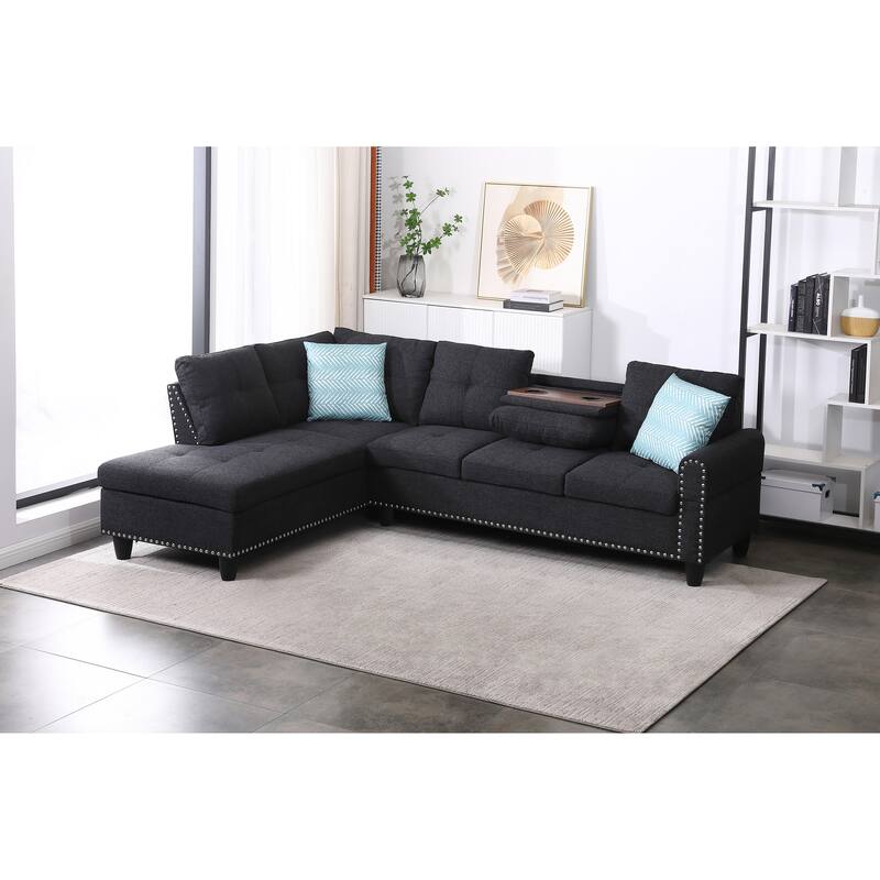Faux Leather L - Shaped Sectional Set With Cup Holders 2pc