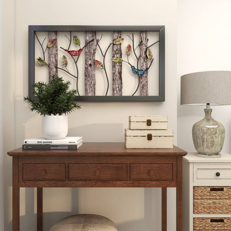 Black Metal Bird Wall Decor with Tree Branches and Colorful Leaves