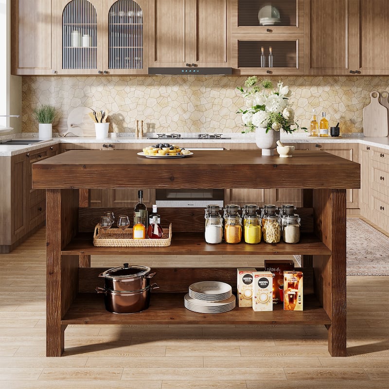 Solid Wood Kitchen Island, Open Storage Counter Height Table, Kitchen Dining/Living Room Coffee Bar Accent Island