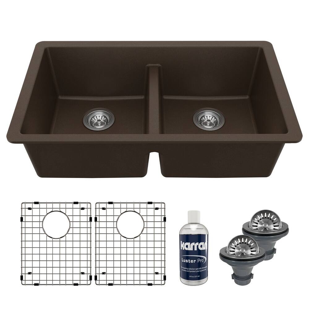 Karran 32" Undermount Double Equal Bowl Quartz Kitchen Sink Kit - 32" x 19.5" x 9"