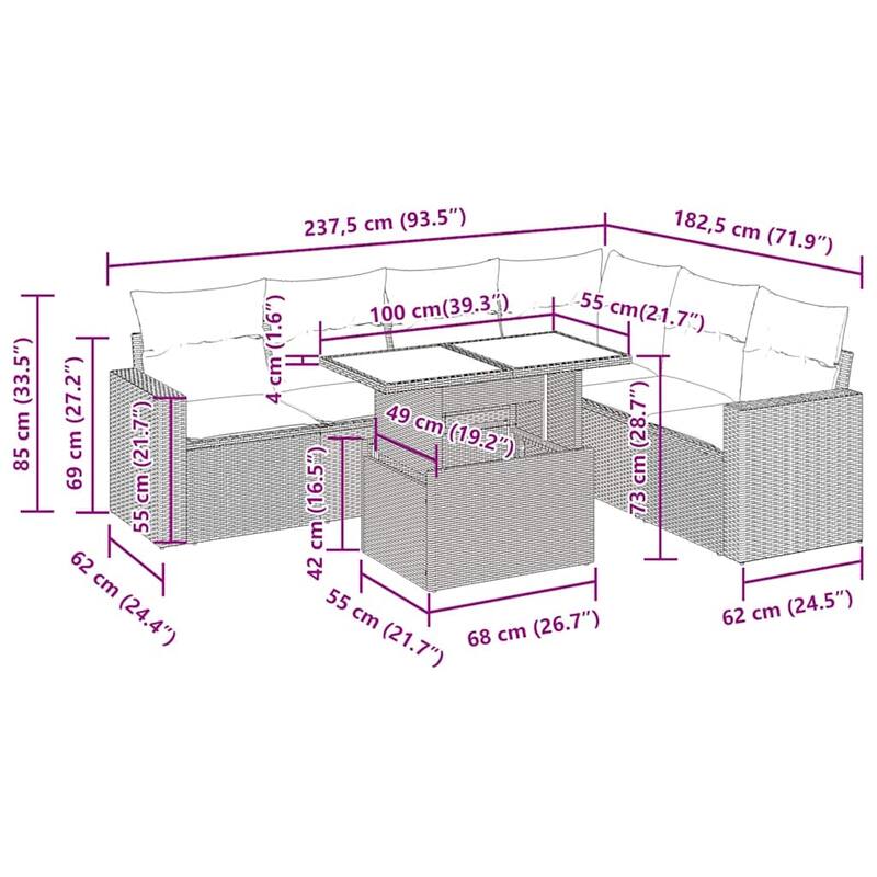 vidaXL 7 Piece Patio Sofa Set with Cushions Black/Brown/Gray Poly Rattan - 24.4 x 24.4 x 27.2